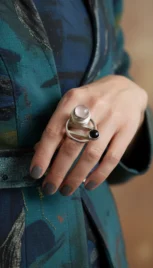 Bague 1 2, argent poli , construction soudé, quartz rose et oeil de chat resultat