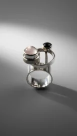 Bague 1, argent poli , construction soudé, quartz rose et oeil de cha resultat