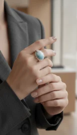 Bague 5 3, argent poli, construction soudé et larimar resultat