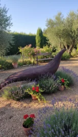 Banc oiseau 3, séquoia teint, 210x45cm