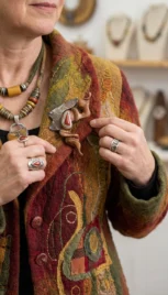 Broche 14 5, argent réticulé, argent poli, bois d'olivier et jaspa sanguin resultat