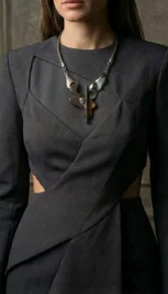 Collier 1 4, mariage des métaux (argent et cuivre), bois de palissandre, d'ébène, d'olivier et jaspe paysage resultat