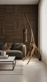 Lampe girafe 2, frêne et cerisier teint et brûlée, 150x80cm