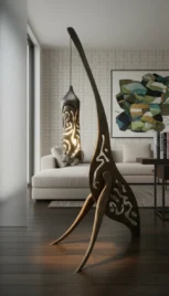 Lampe girafe 4, frêne et cerisier teint et brûlée, 150x80cm