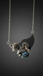 Pendentif 5 2, argent fusionné, bois de palissandre et agathe resultat