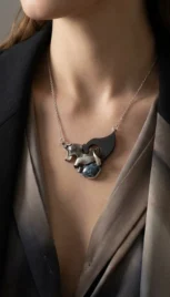 Pendentif 5 5, argent fusionné, bois de palissandre et agathe resultat