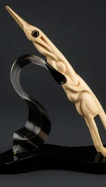 Vol d'oiseau, corne sculpté, mariage des métaux (cuivre et laiton oxidés), ébène et onix, 25x20cm