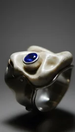 Bague en argent et mariage des métaux, os sculpté, avec un saphir