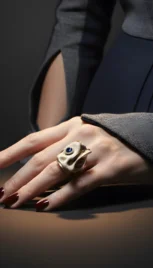 Bague en argent et mariage des métaux, os sculpté, avec un saphir