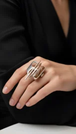 Bague en argent poli, avec un jaspe paysage