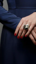 Bague en argent poli, mokumé gane, os sculpté, avec un oeil de chat