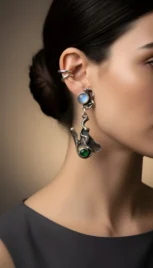 Boucles d'oreilles en argent fusionné et oxidé, avec une aventurine et une opale