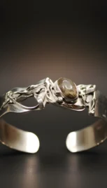 Bracelet en argent poli et oxidé avec un jaspe paysage