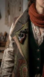 Broche 16 4, argent fusionné et oxidé, bois d'amarante,cuir