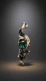 Broche en argent fusionné et oxidé, avec une aigue marine griffé en or 14k